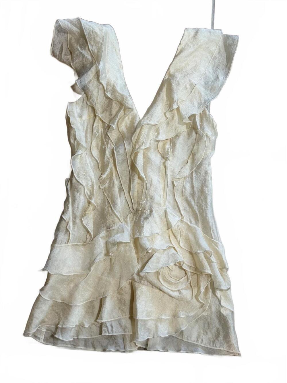 Commense Women's Ivory Ruffled V-Neck Mini Dress With Flower Size M